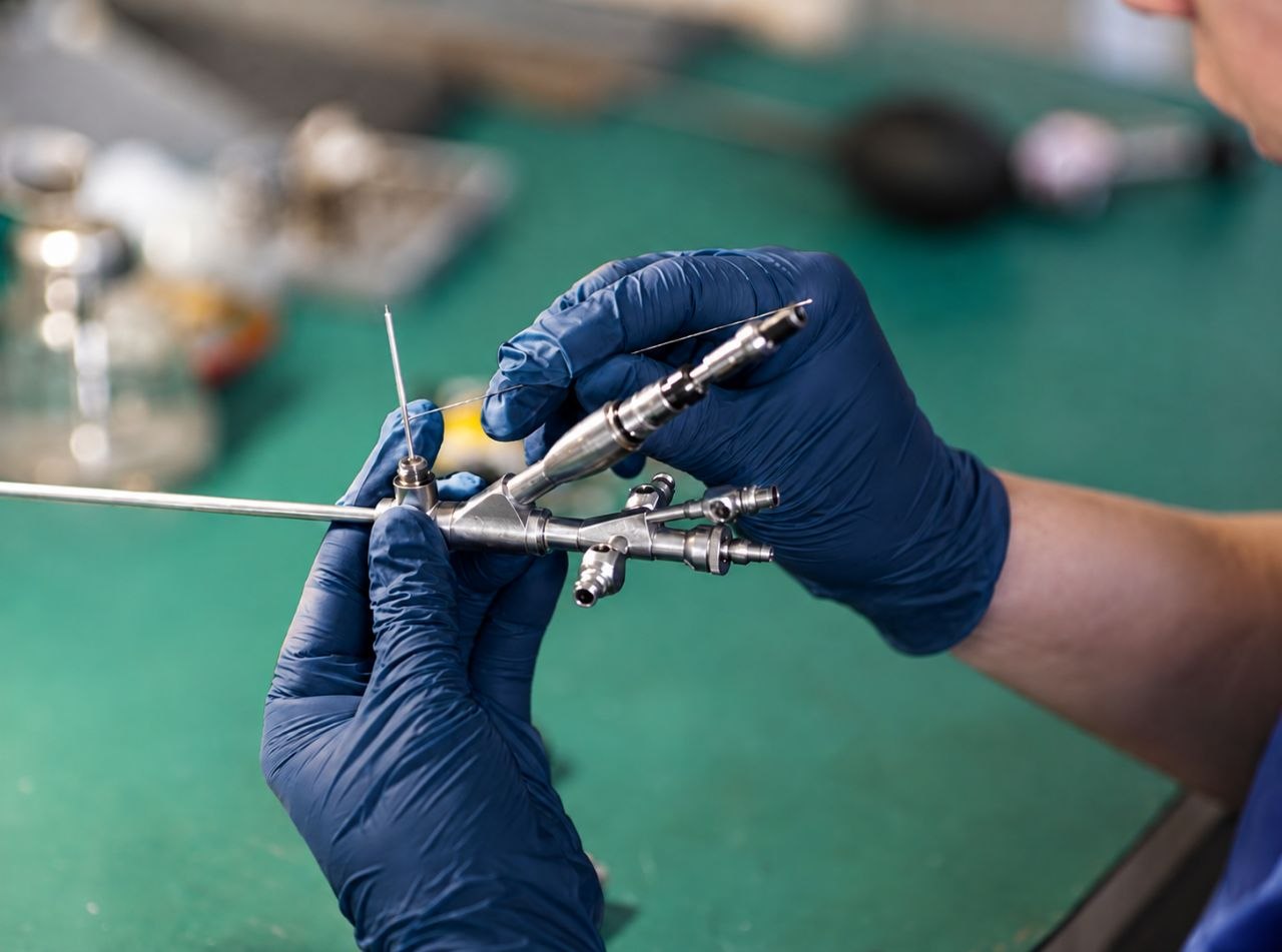 Gloved technician performing precision semi-rigid scope service work
