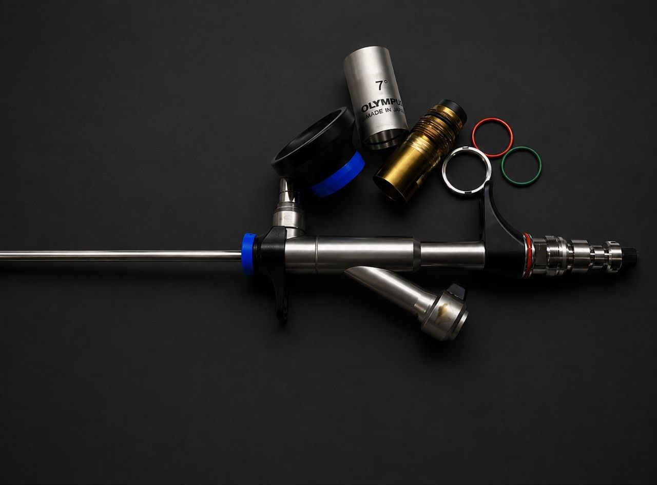 Semi-rigid scope and components arranged on a dark technical surface